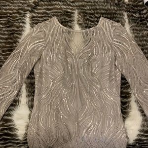 Tadashi Shoji floor length long sleeve gold dress